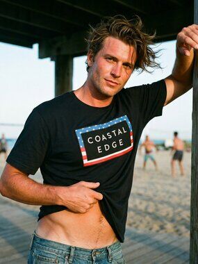 Coastal Edge Men L Tee Black Cotton Graphic Short Sleeve Iconic Skater Americana